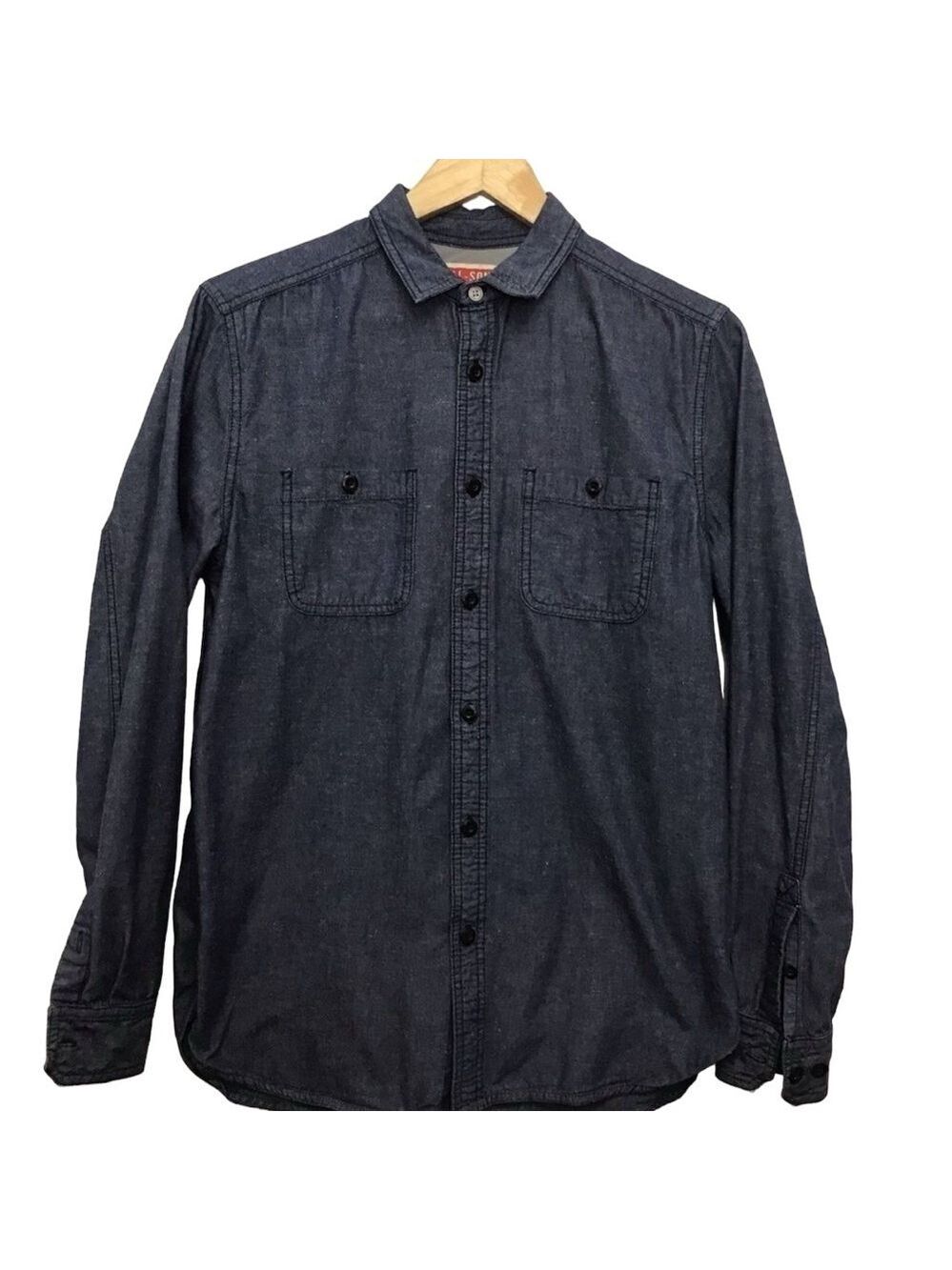 ALL-SON mens shirt dark blue cotton blend denim western cowboy button down small